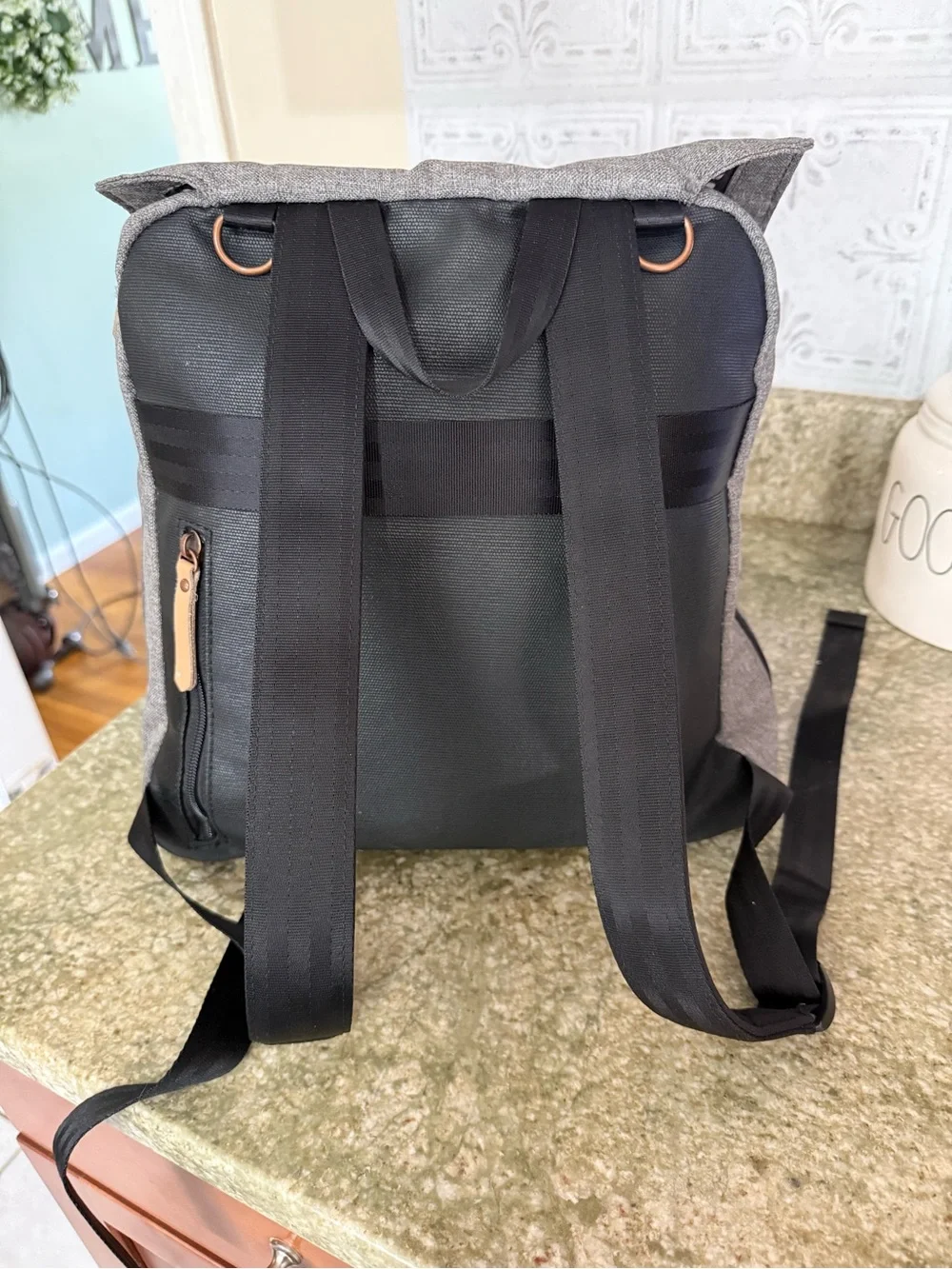 Petunia Pickle Bottom Gray and Black Diaper Backpack with Tan Trim
